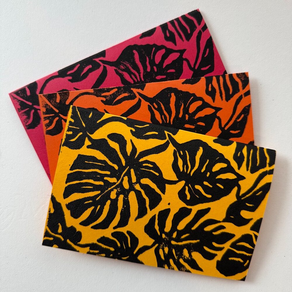 Handprinted Cards Set of 3 Warm Tones Monstera Leaf Carved Linoleum Print Art